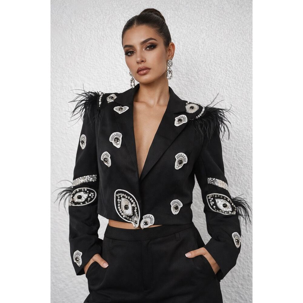 Muy Muy Fancy Collection Black Embellished Feather Cropped Blazer Jacket L Glam